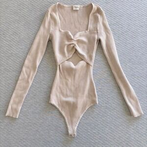 Abercrombie & Fitch beige long sleeve bodysuit with cutout knit ribbed